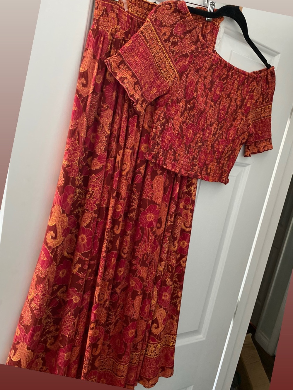NWT Angie skirt orange yellow rust multi color print - smocked waist - M boho - Picture 6 of 10